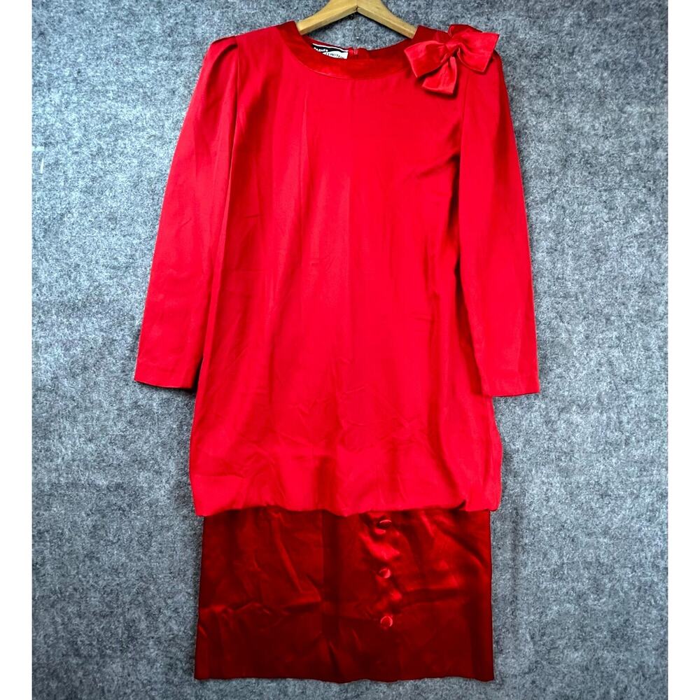 Vintage‎ Parnes Feinstein Sheath Dress Large Red Bow Satin 60s MOB Career Office